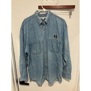 Perry Ellis Men's Michigan University Embroidered Denim Shirt, Blue, Large